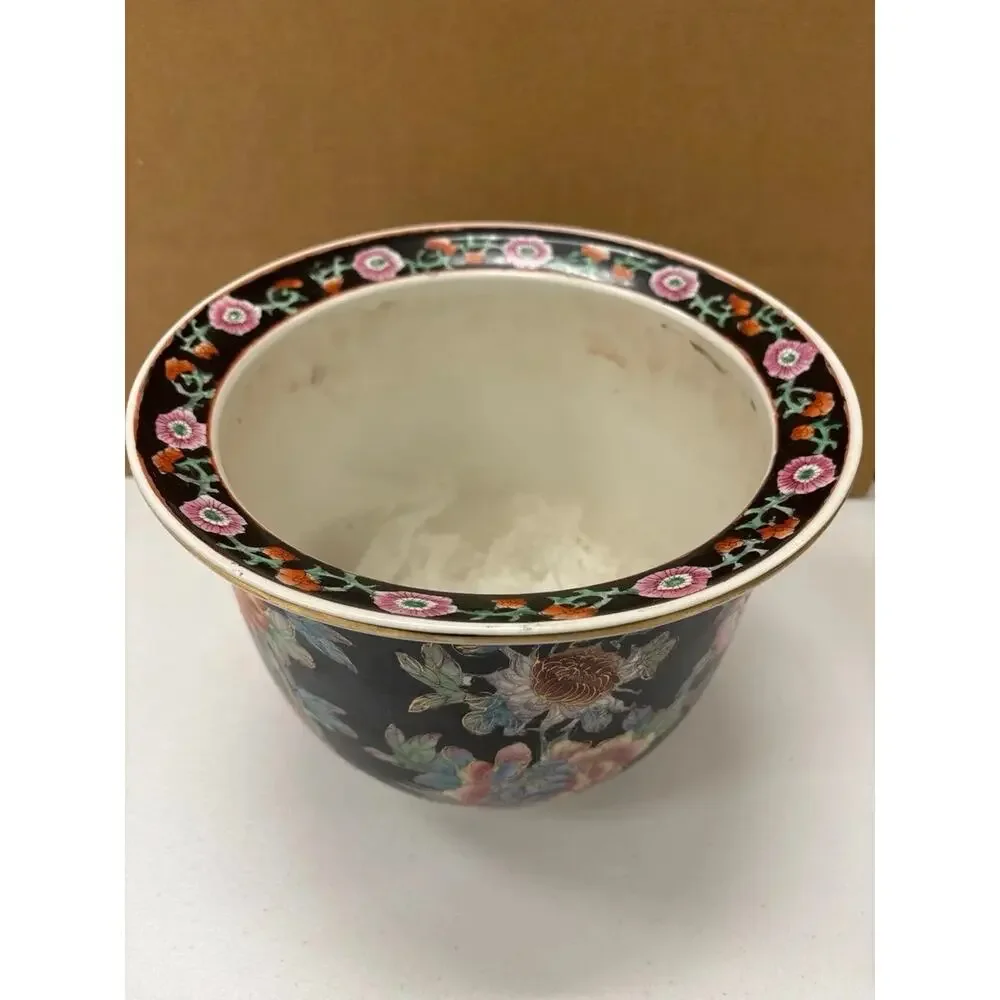 Vintage Chinese Enamel Famille Rose Koi Planter Cachepot Flowers Black Flowers